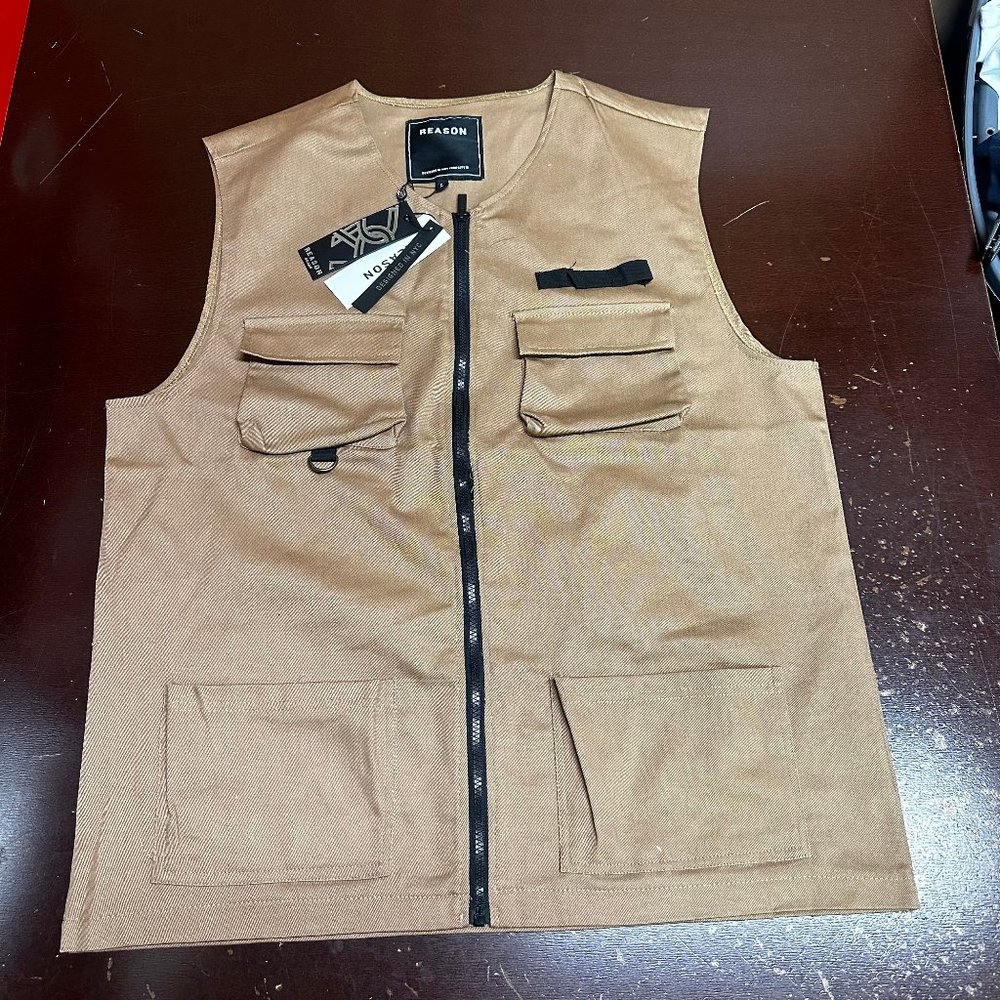 Reason Mens Khaki Sleeveless V-Neck Pockets Full Zip Utility Vest Size L XL